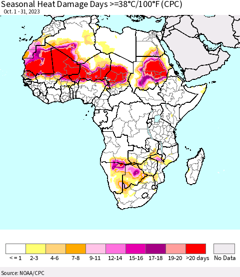Africa Seasonal Heat Damage Days >=38°C/100°F (CPC) Thematic Map For 10/1/2023 - 10/31/2023