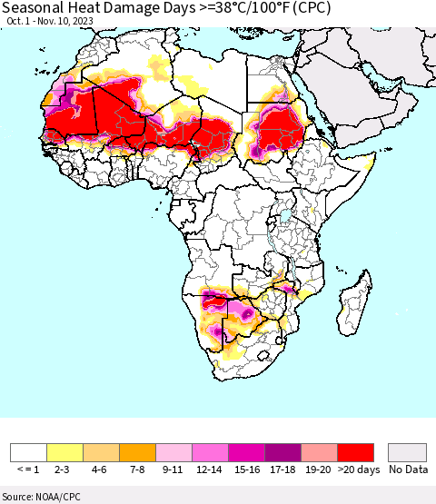 Africa Seasonal Heat Damage Days >=38°C/100°F (CPC) Thematic Map For 10/1/2023 - 11/10/2023