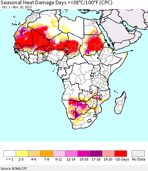 Africa Seasonal Heat Damage Days >=38°C/100°F (CPC) Thematic Map For 10/1/2023 - 11/20/2023