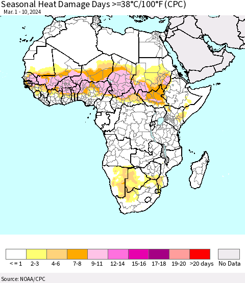 Africa Seasonal Heat Damage Days >=38°C/100°F (CPC) Thematic Map For 3/1/2024 - 3/10/2024