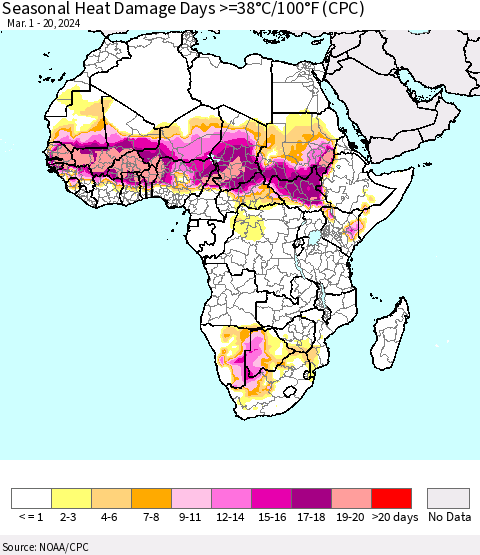 Africa Seasonal Heat Damage Days >=38°C/100°F (CPC) Thematic Map For 3/1/2024 - 3/20/2024