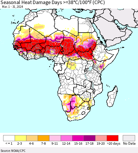 Africa Seasonal Heat Damage Days >=38°C/100°F (CPC) Thematic Map For 3/1/2024 - 3/31/2024