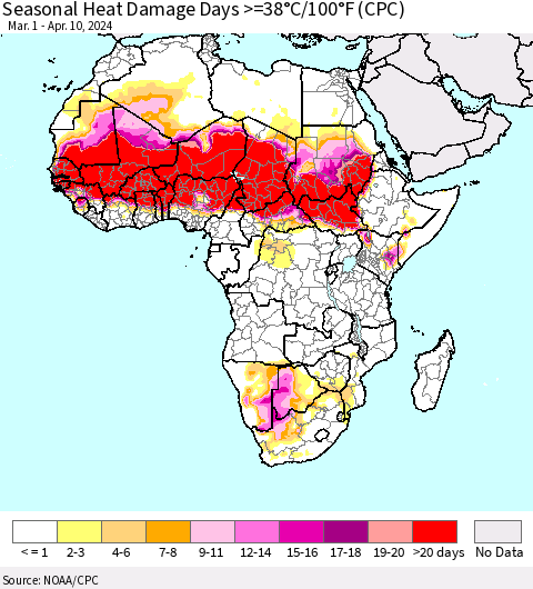 Africa Seasonal Heat Damage Days >=38°C/100°F (CPC) Thematic Map For 3/1/2024 - 4/10/2024