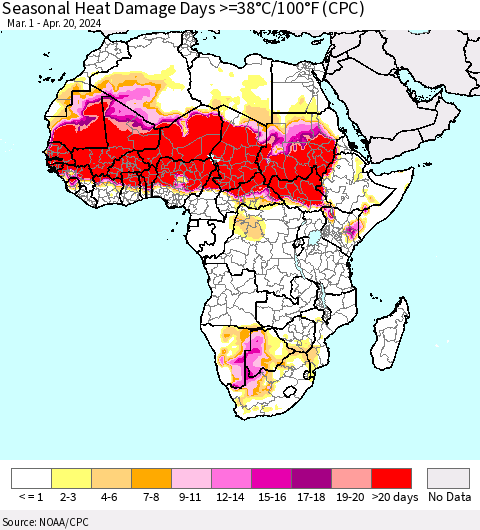 Africa Seasonal Heat Damage Days >=38°C/100°F (CPC) Thematic Map For 3/1/2024 - 4/20/2024