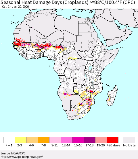 Africa Seasonal Heat Damage Days (Croplands) >=38°C/100°F (CPC) Thematic Map For 10/1/2019 - 1/20/2020