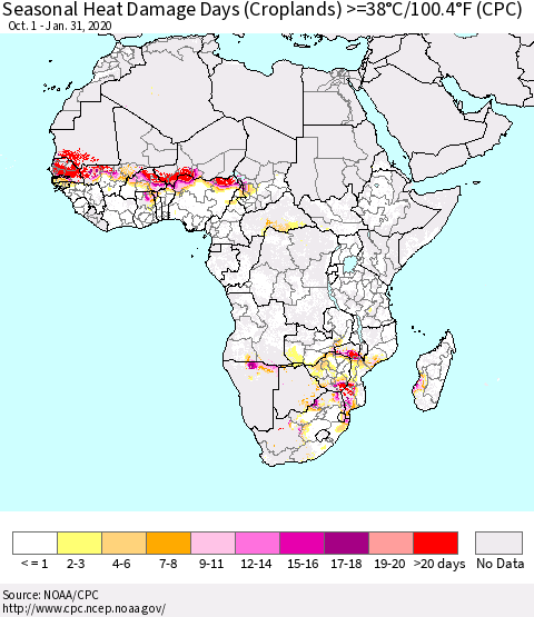 Africa Seasonal Heat Damage Days (Croplands) >=38°C/100°F (CPC) Thematic Map For 10/1/2019 - 1/31/2020