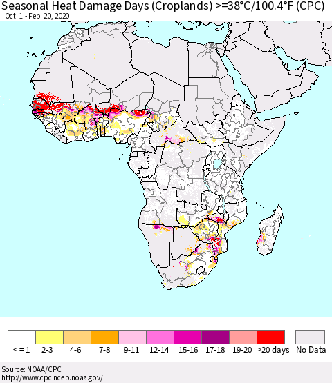 Africa Seasonal Heat Damage Days (Croplands) >=38°C/100°F (CPC) Thematic Map For 10/1/2019 - 2/20/2020