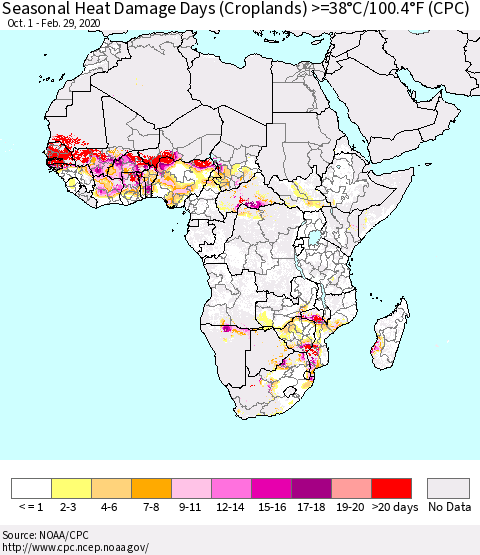 Africa Seasonal Heat Damage Days (Croplands) >=38°C/100°F (CPC) Thematic Map For 10/1/2019 - 2/29/2020