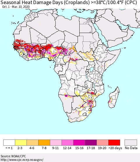 Africa Seasonal Heat Damage Days (Croplands) >=38°C/100°F (CPC) Thematic Map For 10/1/2019 - 3/10/2020