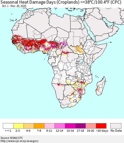 Africa Seasonal Heat Damage Days (Croplands) >=38°C/100°F (CPC) Thematic Map For 10/1/2019 - 3/20/2020