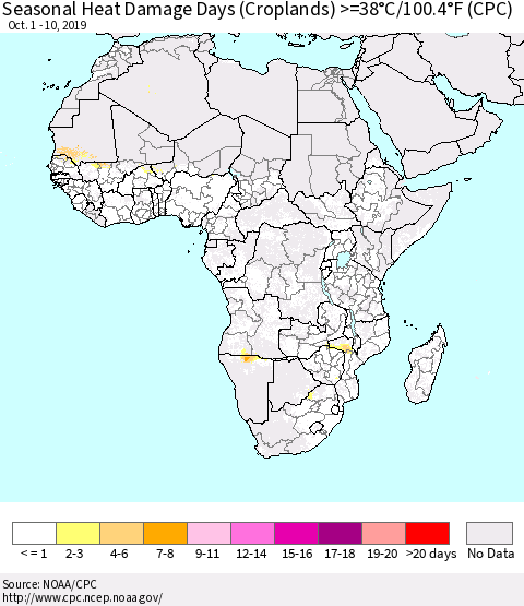 Africa Seasonal Heat Damage Days (Croplands) >=38°C/100°F (CPC) Thematic Map For 10/1/2019 - 10/10/2019
