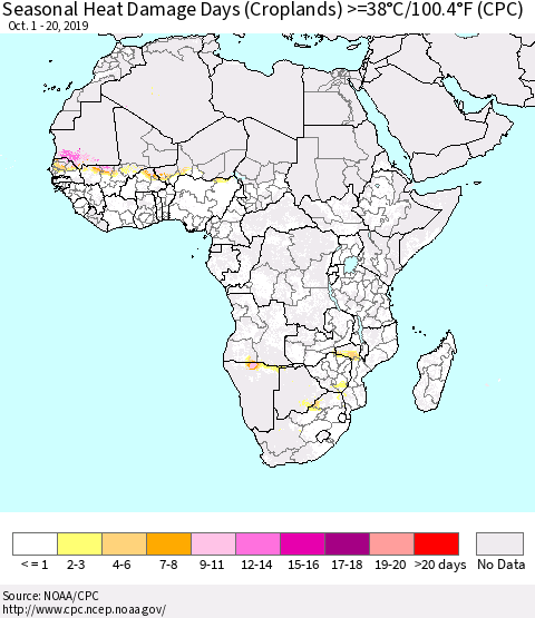 Africa Seasonal Heat Damage Days (Croplands) >=38°C/100°F (CPC) Thematic Map For 10/1/2019 - 10/20/2019