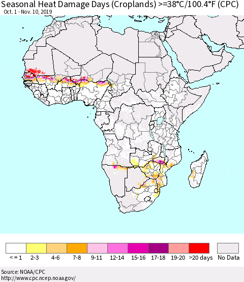 Africa Seasonal Heat Damage Days (Croplands) >=38°C/100°F (CPC) Thematic Map For 10/1/2019 - 11/10/2019