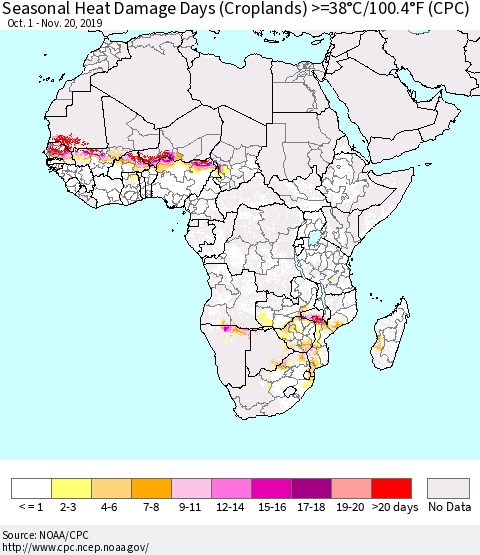 Africa Seasonal Heat Damage Days (Croplands) >=38°C/100°F (CPC) Thematic Map For 10/1/2019 - 11/20/2019