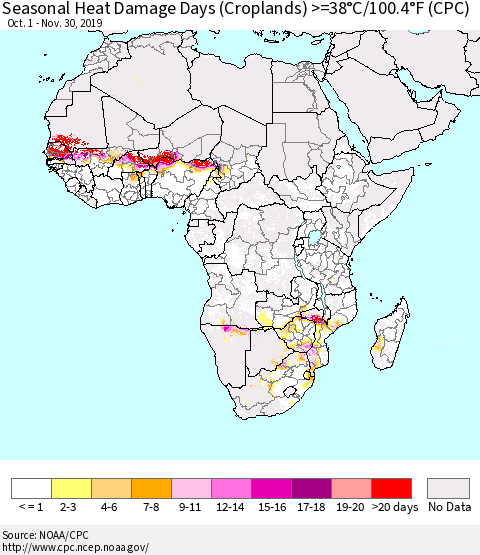 Africa Seasonal Heat Damage Days (Croplands) >=38°C/100°F (CPC) Thematic Map For 10/1/2019 - 11/30/2019