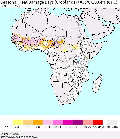 Africa Seasonal Heat Damage Days (Croplands) >=38°C/100°F (CPC) Thematic Map For 3/1/2020 - 3/10/2020