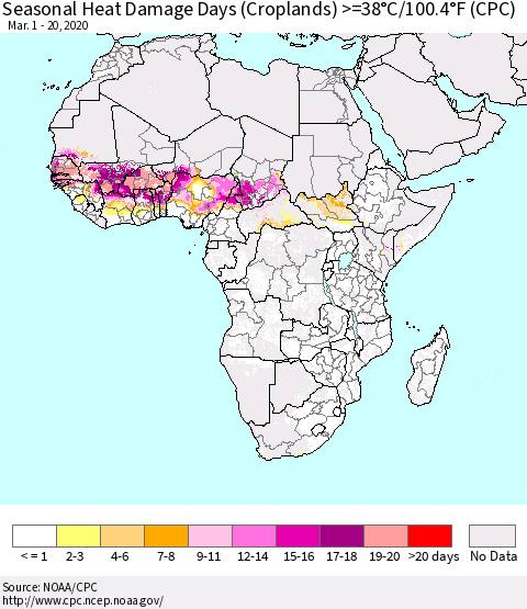 Africa Seasonal Heat Damage Days (Croplands) >=38°C/100°F (CPC) Thematic Map For 3/1/2020 - 3/20/2020