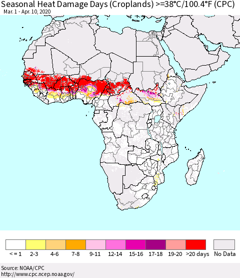 Africa Seasonal Heat Damage Days (Croplands) >=38°C/100°F (CPC) Thematic Map For 3/1/2020 - 4/10/2020
