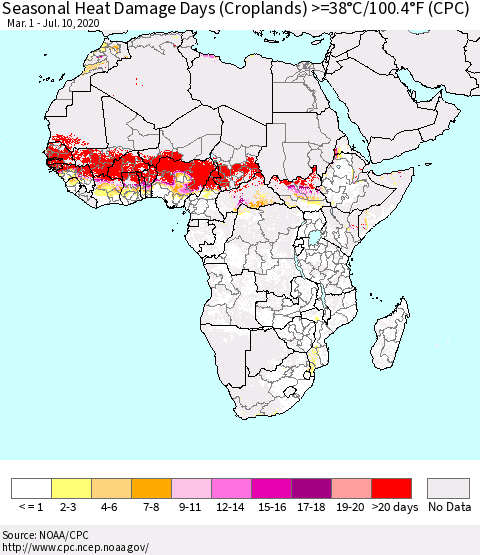 Africa Seasonal Heat Damage Days (Croplands) >=38°C/100°F (CPC) Thematic Map For 3/1/2020 - 7/10/2020
