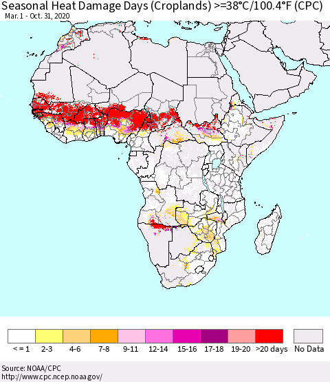 Africa Seasonal Heat Damage Days (Croplands) >=38°C/100°F (CPC) Thematic Map For 3/1/2020 - 10/31/2020