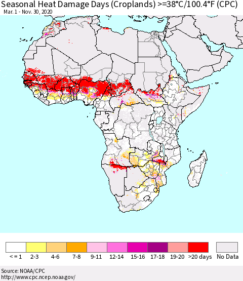 Africa Seasonal Heat Damage Days (Croplands) >=38°C/100°F (CPC) Thematic Map For 3/1/2020 - 11/30/2020