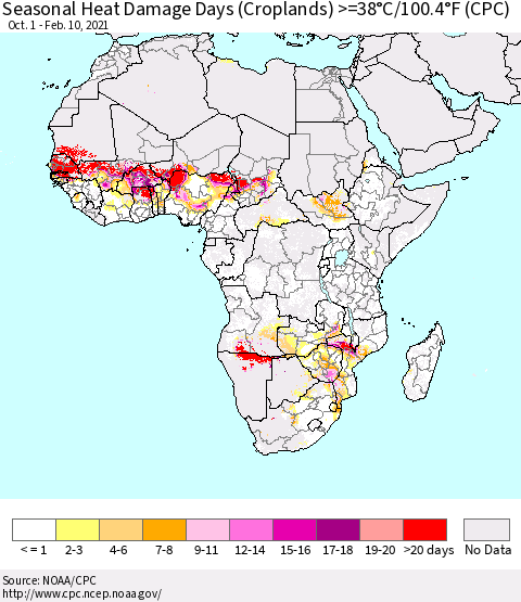 Africa Seasonal Heat Damage Days (Croplands) >=38°C/100°F (CPC) Thematic Map For 10/1/2020 - 2/10/2021