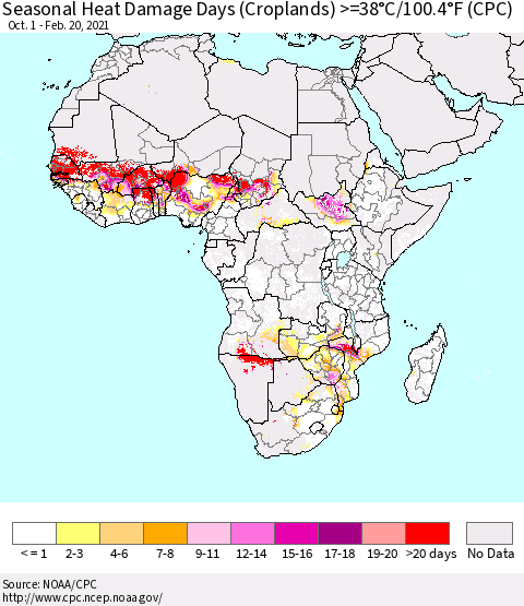 Africa Seasonal Heat Damage Days (Croplands) >=38°C/100°F (CPC) Thematic Map For 10/1/2020 - 2/20/2021