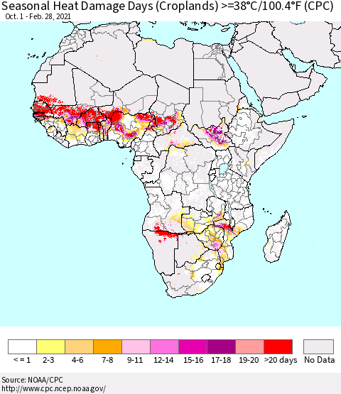 Africa Seasonal Heat Damage Days (Croplands) >=38°C/100°F (CPC) Thematic Map For 10/1/2020 - 2/28/2021