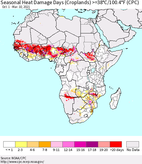 Africa Seasonal Heat Damage Days (Croplands) >=38°C/100°F (CPC) Thematic Map For 10/1/2020 - 3/10/2021
