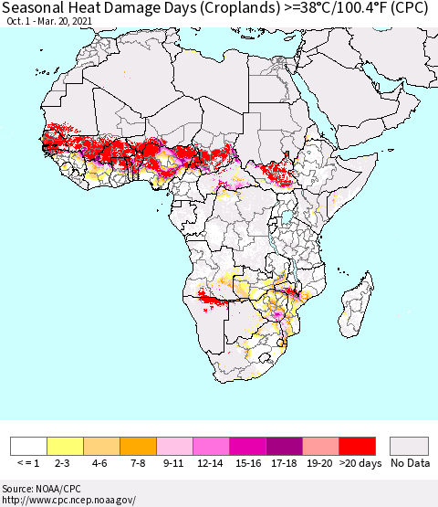 Africa Seasonal Heat Damage Days (Croplands) >=38°C/100°F (CPC) Thematic Map For 10/1/2020 - 3/20/2021