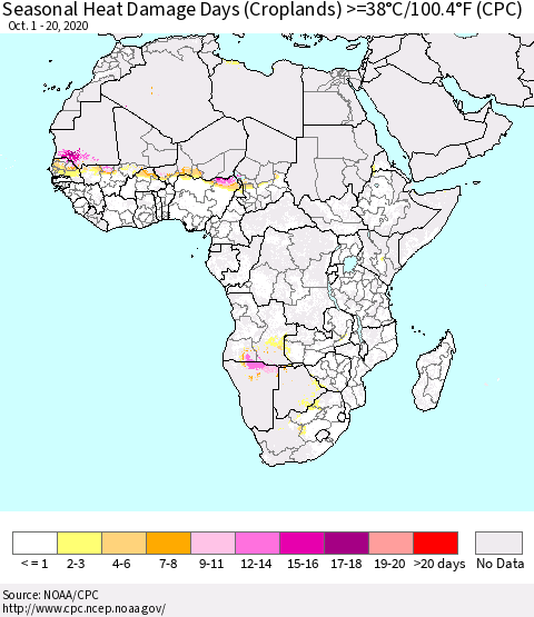 Africa Seasonal Heat Damage Days (Croplands) >=38°C/100°F (CPC) Thematic Map For 10/1/2020 - 10/20/2020