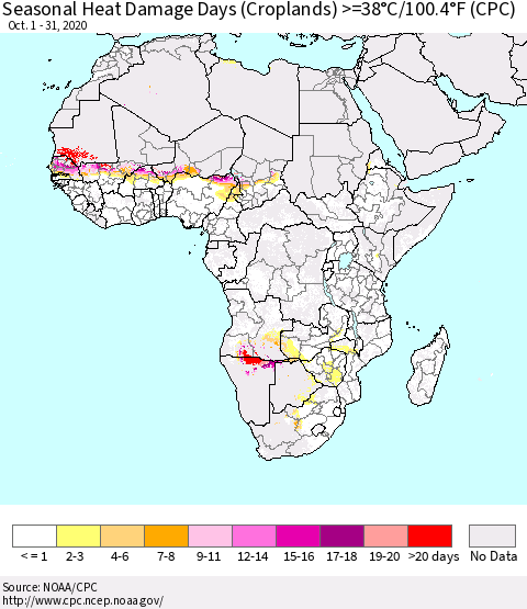 Africa Seasonal Heat Damage Days (Croplands) >=38°C/100°F (CPC) Thematic Map For 10/1/2020 - 10/31/2020