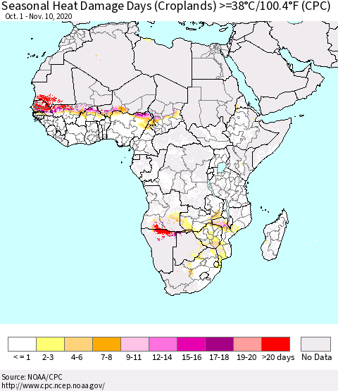 Africa Seasonal Heat Damage Days (Croplands) >=38°C/100°F (CPC) Thematic Map For 10/1/2020 - 11/10/2020