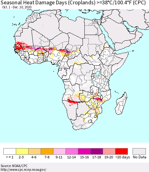 Africa Seasonal Heat Damage Days (Croplands) >=38°C/100°F (CPC) Thematic Map For 10/1/2020 - 12/10/2020