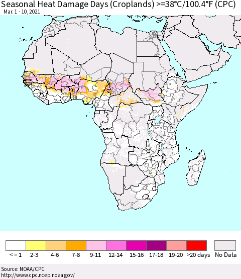 Africa Seasonal Heat Damage Days (Croplands) >=38°C/100°F (CPC) Thematic Map For 3/1/2021 - 3/10/2021