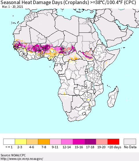 Africa Seasonal Heat Damage Days (Croplands) >=38°C/100°F (CPC) Thematic Map For 3/1/2021 - 3/20/2021