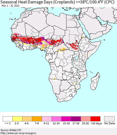 Africa Seasonal Heat Damage Days (Croplands) >=38°C/100°F (CPC) Thematic Map For 3/1/2021 - 3/31/2021