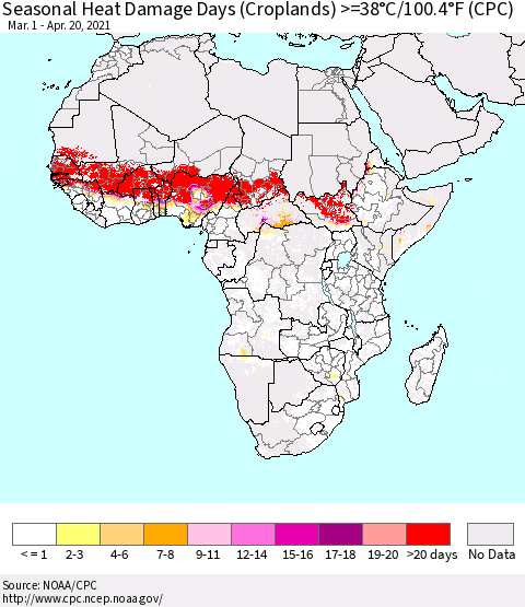 Africa Seasonal Heat Damage Days (Croplands) >=38°C/100°F (CPC) Thematic Map For 3/1/2021 - 4/20/2021