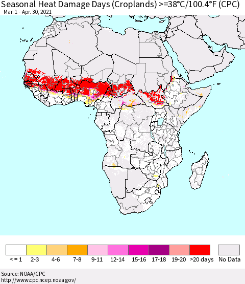 Africa Seasonal Heat Damage Days (Croplands) >=38°C/100°F (CPC) Thematic Map For 3/1/2021 - 4/30/2021