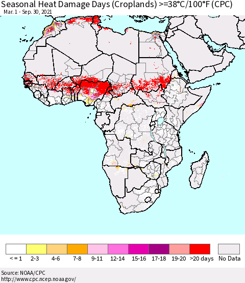 Africa Seasonal Heat Damage Days (Croplands) >=38°C/100°F (CPC) Thematic Map For 3/1/2021 - 9/30/2021