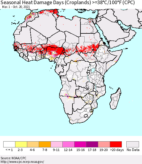 Africa Seasonal Heat Damage Days (Croplands) >=38°C/100°F (CPC) Thematic Map For 3/1/2021 - 10/20/2021