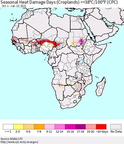 Africa Seasonal Heat Damage Days (Croplands) >=38°C/100°F (CPC) Thematic Map For 10/1/2021 - 1/10/2022