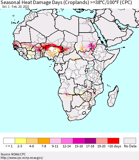 Africa Seasonal Heat Damage Days (Croplands) >=38°C/100°F (CPC) Thematic Map For 10/1/2021 - 2/20/2022