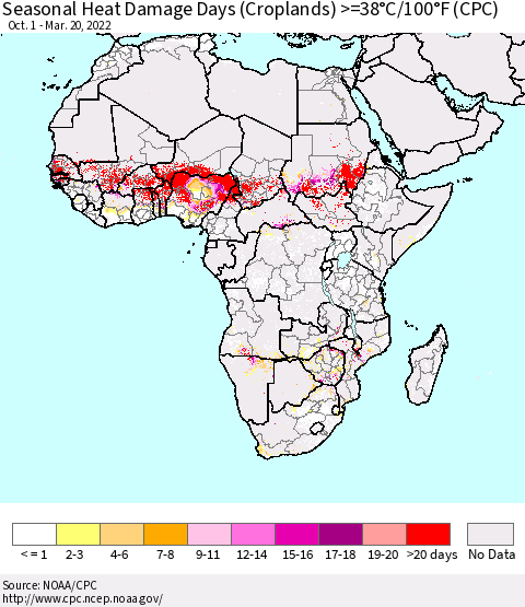 Africa Seasonal Heat Damage Days (Croplands) >=38°C/100°F (CPC) Thematic Map For 10/1/2021 - 3/20/2022