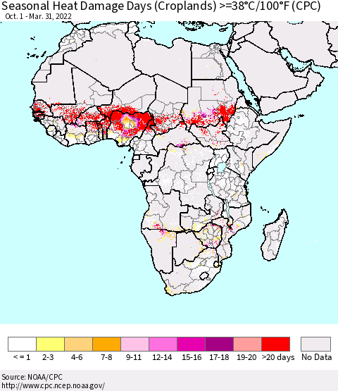 Africa Seasonal Heat Damage Days (Croplands) >=38°C/100°F (CPC) Thematic Map For 10/1/2021 - 3/31/2022