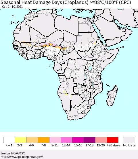 Africa Seasonal Heat Damage Days (Croplands) >=38°C/100°F (CPC) Thematic Map For 10/1/2021 - 10/10/2021