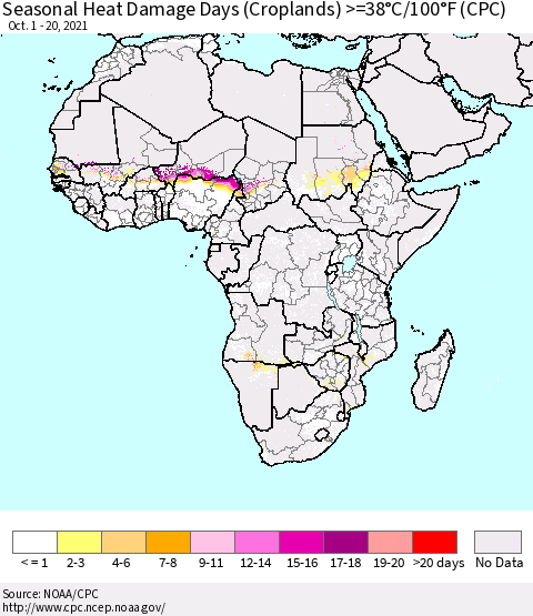 Africa Seasonal Heat Damage Days (Croplands) >=38°C/100°F (CPC) Thematic Map For 10/1/2021 - 10/20/2021