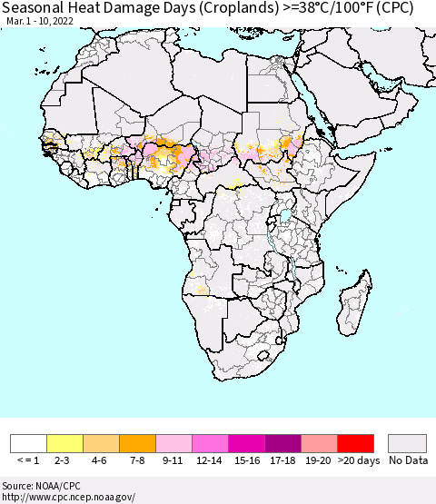 Africa Seasonal Heat Damage Days (Croplands) >=38°C/100°F (CPC) Thematic Map For 3/1/2022 - 3/10/2022