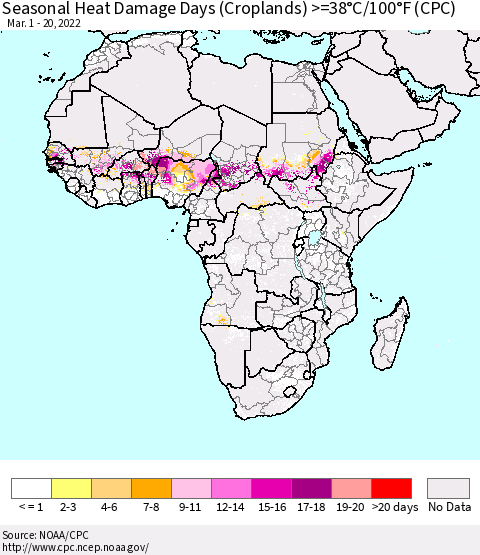Africa Seasonal Heat Damage Days (Croplands) >=38°C/100°F (CPC) Thematic Map For 3/1/2022 - 3/20/2022