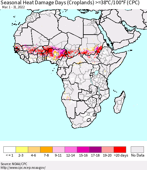Africa Seasonal Heat Damage Days (Croplands) >=38°C/100°F (CPC) Thematic Map For 3/1/2022 - 3/31/2022